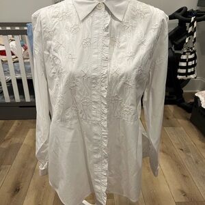 Coldwater Creek white long sleeve shirt ruffled and pearl embellished Size M